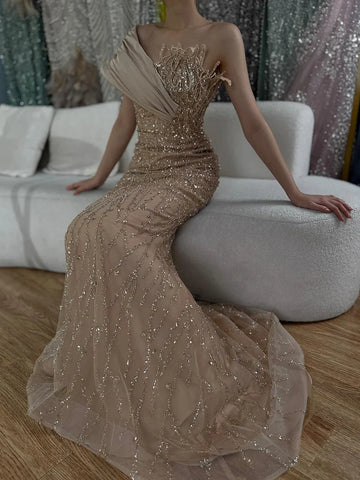 2025 Elegant Caramel  One Shoulder Saudi Arabic Evening Gown with Beaded Dress for Formal Occasion LA72577