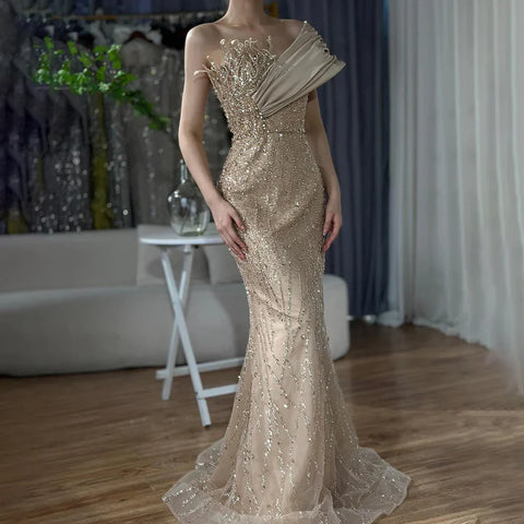 2025 Elegant Caramel  One Shoulder Saudi Arabic Evening Gown with Beaded Dress for Formal Occasion LA72577
