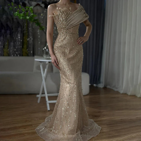 2025 Elegant Caramel  One Shoulder Saudi Arabic Evening Gown with Beaded Dress for Formal Occasion LA72577