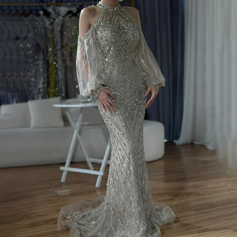 2025 Elegant Sage Green Halter Neck Beaded Luxury Mermaid Evening Dress for Formal Occasion Saudi LA72737
