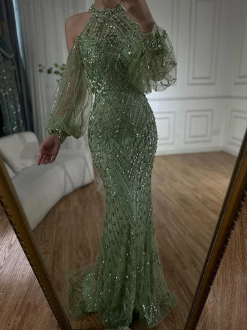 2025 Elegant Sage Green Halter Neck Beaded Luxury Mermaid Evening Dress for Formal Occasion Saudi LA72737