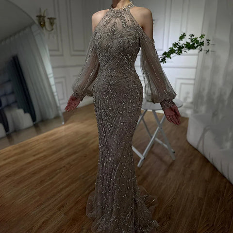 2025 Elegant Sage Green Halter Neck Beaded Luxury Mermaid Evening Dress for Formal Occasion Saudi LA72737
