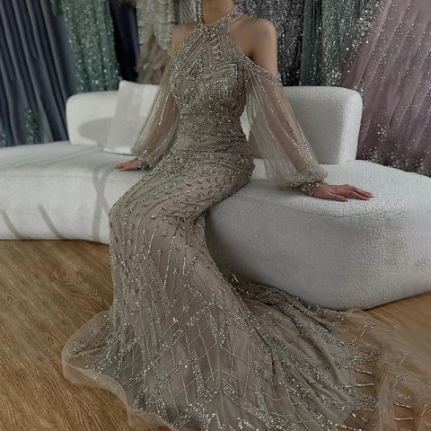 2025 Elegant Sage Green Halter Neck Beaded Luxury Mermaid Evening Dress for Formal Occasion Saudi LA72737