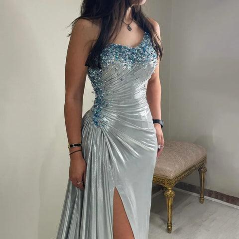2025 Elegant Silver One-Shoulder Beaded Mermaid Luxury Dubai Evening Gown with Side Split for Women's Party LA72672