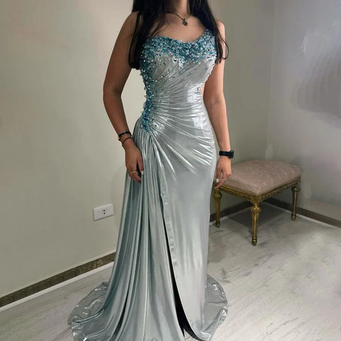 2025 Elegant Silver One-Shoulder Beaded Mermaid Luxury Dubai Evening Gown with Side Split for Women's Party LA72672