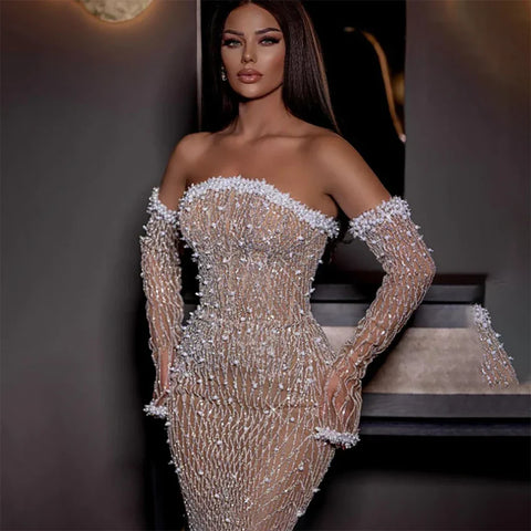2025 Elegant White Nude Arabic Strapless Evening Gown Beaded Dress with Gloves for Formal Occasion LA72649