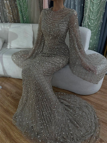 2025 Flared Sleeves Caramel Beaded Luxury Saudi Arabic Mermaid Evening Dresses Gowns for Formal Occasion LA72771
