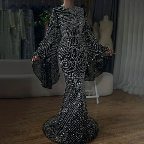 2025 Flared Sleeves Caramel Beaded Luxury Saudi Arabic Mermaid Evening Dresses Gowns for Formal Occasion LA72771