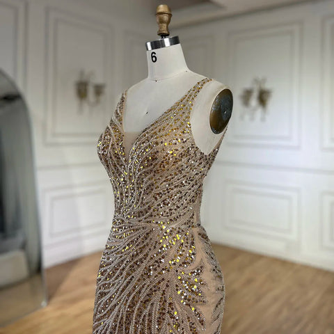 2025 Gold Backless Spaghetti Strap Mermaid Beaded Luxury Evening Dresses Gowns for Women Wedding Party LA72615