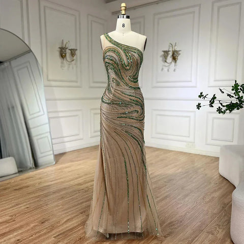 2025 Green One Shoulder Long Cloak Mermaid Beaded Luxury Evening Dresses Gowns for Women Wedding Party LA72282