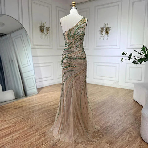 2025 Green One Shoulder Long Cloak Mermaid Beaded Luxury Evening Dresses Gowns for Women Wedding Party LA72282