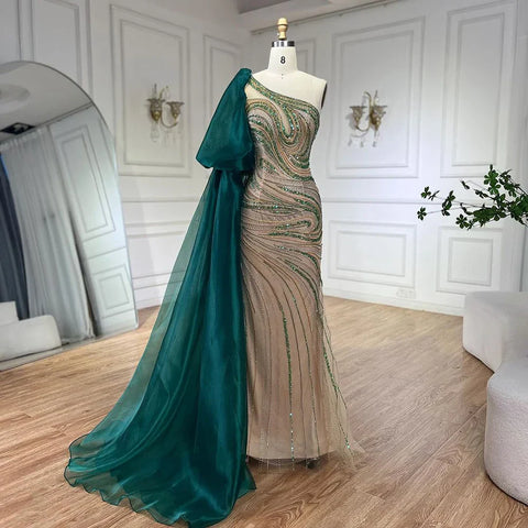 2025 Green One Shoulder Long Cloak Mermaid Beaded Luxury Evening Dresses Gowns for Women Wedding Party LA72282