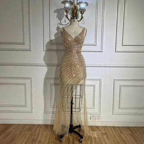 2025 Gold Mermaid Spaghetti Strap Side Split Beaded Luxury Evening Dresses Gowns for Women Wedding Party LA72614