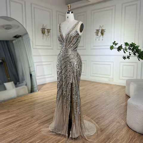 2025 Gold Mermaid Spaghetti Strap Side Split Beaded Luxury Evening Dresses Gowns for Women Wedding Party LA72613
