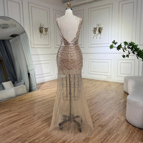 2025 Gold Mermaid Spaghetti Strap Side Split Beaded Luxury Evening Dresses Gowns for Women Wedding Party LA72614