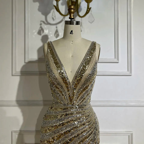 2025 Gold Mermaid Spaghetti Strap Side Split Beaded Luxury Evening Dresses Gowns for Women Wedding Party LA72613