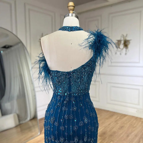 2025 Gray Elegant Halter Feathers Beaded Luxury Mermaid High Split Evening Dresses Party Gowns for Women LA72452