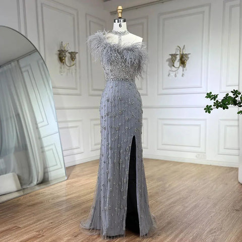 2025 Gray Elegant Halter Feathers Beaded Luxury Mermaid High Split Evening Dresses Party Gowns for Women LA72452