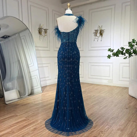 2025 Gray Elegant Halter Feathers Beaded Luxury Mermaid High Split Evening Dresses Party Gowns for Women LA72452