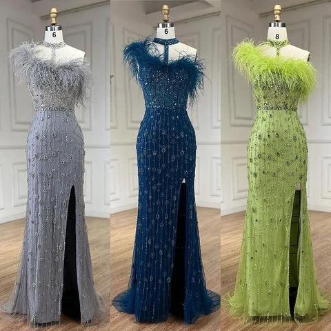 2025 Gray Elegant Halter Feathers Beaded Luxury Mermaid High Split Evening Dresses Party Gowns for Women LA72452