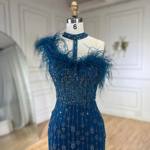 2025 Gray Elegant Halter Feathers Beaded Luxury Mermaid High Split Evening Dresses Party Gowns for Women LA72452