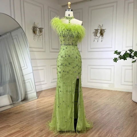 2025 Gray Elegant Halter Feathers Beaded Luxury Mermaid High Split Evening Dresses Party Gowns for Women LA72452