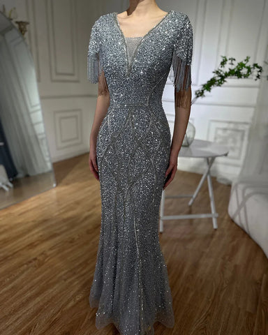 2025 Gray Saudi Arabic Evening Gown with Beaded Tassel Dress for Formal Occasion LA72743