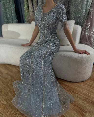 2025 Gray Saudi Arabic Evening Gown with Beaded Tassel Dress for Formal Occasion LA72743