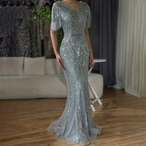 2025 Gray Saudi Arabic Evening Gown with Beaded Tassel Dress for Formal Occasion LA72743
