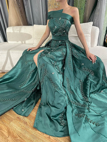 2025 Green Arabic One-Shoulder Satin Evening Gown Beaded Dress with Overskirt and Split for Formal Occasion LA72178