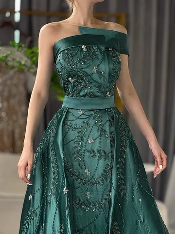 2025 Green Arabic One-Shoulder Satin Evening Gown Beaded Dress with Overskirt and Split for Formal Occasion LA72178