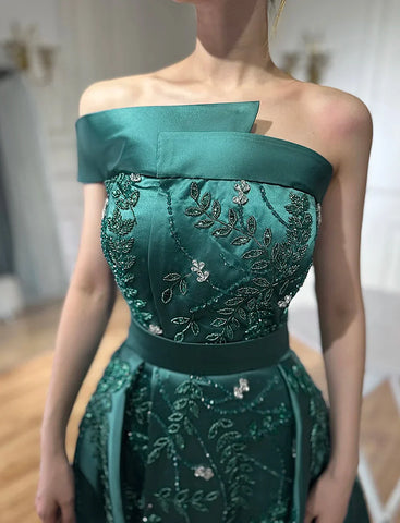 2025 Green Arabic One-Shoulder Satin Evening Gown Beaded Dress with Overskirt and Split for Formal Occasion LA72178