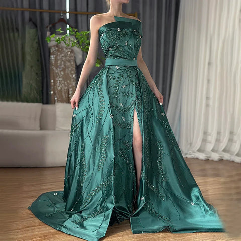 2025 Green Arabic One-Shoulder Satin Evening Gown Beaded Dress with Overskirt and Split for Formal Occasion LA72178