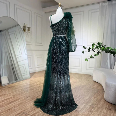 2025 Green One Shoulder Elegant With Overskirt Mermaid Beaded Evening Dresses Gowns for Women Wedding Party LA72408