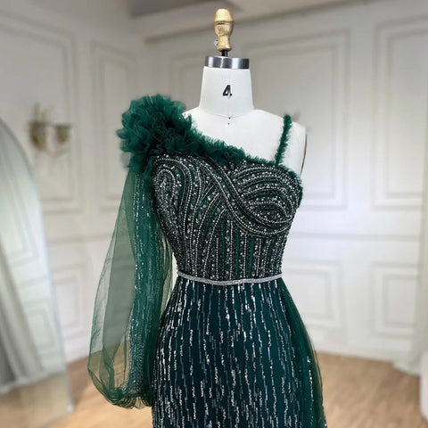 2025 Green One Shoulder Elegant With Overskirt Mermaid Beaded Evening Dresses Gowns for Women Wedding Party LA72408