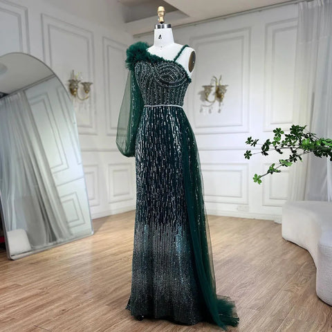 2025 Green One Shoulder Elegant With Overskirt Mermaid Beaded Evening Dresses Gowns for Women Wedding Party LA72408