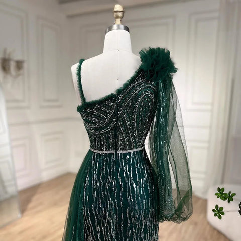 2025 Green One Shoulder Elegant With Overskirt Mermaid Beaded Evening Dresses Gowns for Women Wedding Party LA72408