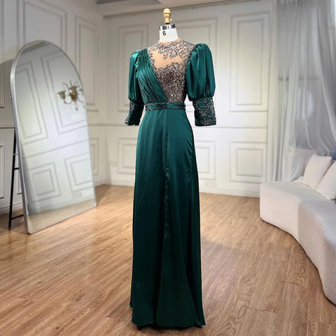 2025 Green Satin Three Quarter Mermaid Evening Dresses Gowns Elegant Lace Beaded for Women Wedding Party LA71510A