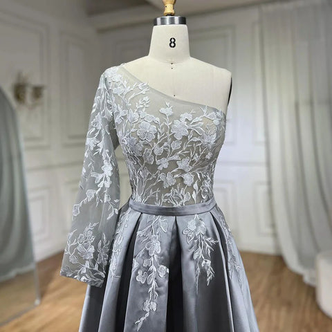 2025 Grey Satin Elegant Evening Dress One Shoulder Handmade Flowers A Line Formal Gown LA70043