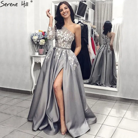 2025 Grey Satin Elegant Evening Dress One Shoulder Handmade Flowers A Line Formal Gown LA70043