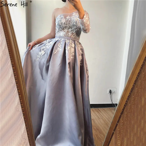 2025 Grey Satin Elegant Evening Dress One Shoulder Handmade Flowers A Line Formal Gown LA70043