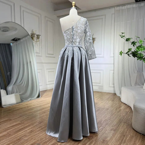 2025 Grey Satin Elegant Evening Dress One Shoulder Handmade Flowers A Line Formal Gown LA70043