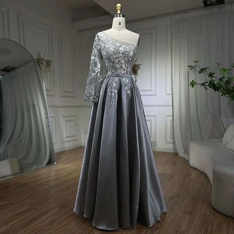 2025 Grey Satin Elegant Evening Dress One Shoulder Handmade Flowers A Line Formal Gown LA70043