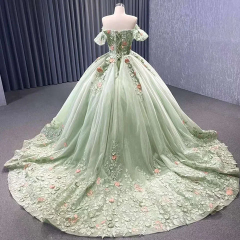 2025 High End Custom Dubai Sage Green Elegant Boat Neck Wedding Dress Appliques Bridal Gowns HM222240B