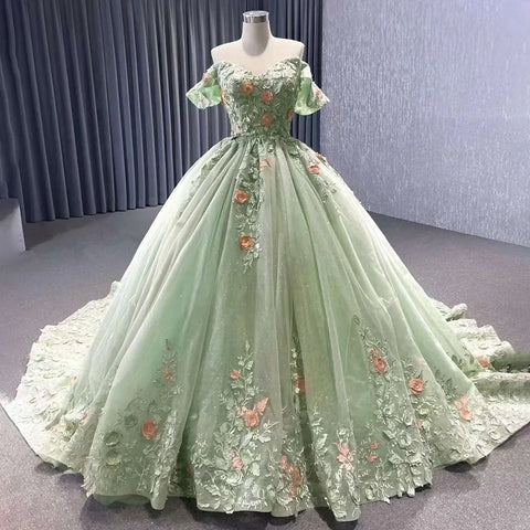 2025 High End Custom Dubai Sage Green Elegant Boat Neck Wedding Dress Appliques Bridal Gowns HM222240B
