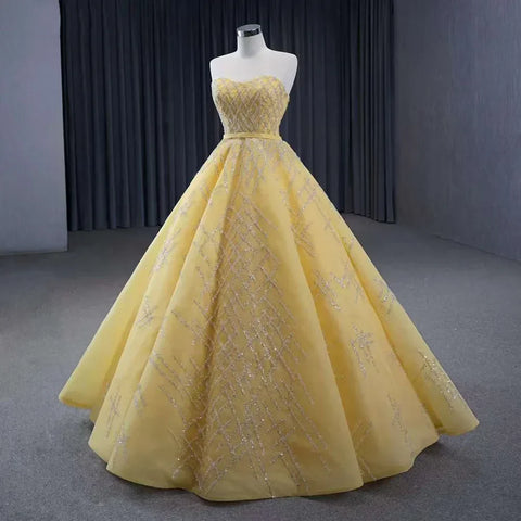 2025 High End Custom Yellow Strapless Lace Beaded Luxury Bridal Dress Wedding Dress HM231017