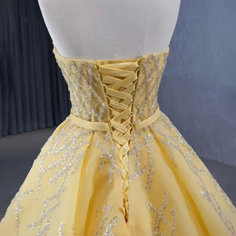 2025 High End Custom Yellow Strapless Lace Beaded Luxury Bridal Dress Wedding Dress HM231017