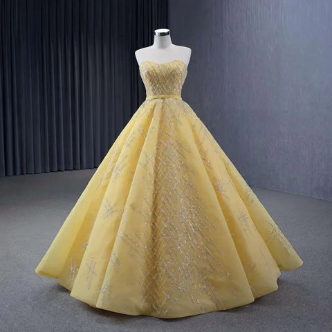 2025 High End Custom Yellow Strapless Lace Beaded Luxury Bridal Dress Wedding Dress HM231017