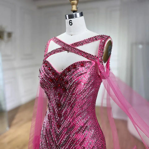 2025 Ladies Wedding Party Fuchsia Elegant Cape Sleeve Mermaid Luxury Beaded Feather Evening Dress Long Dress LA72286