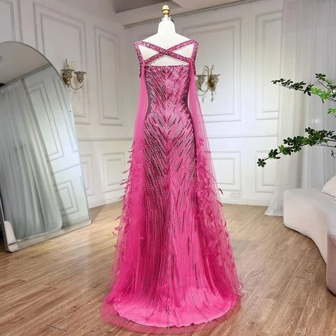 2025 Ladies Wedding Party Fuchsia Elegant Cape Sleeve Mermaid Luxury Beaded Feather Evening Dress Long Dress LA72286